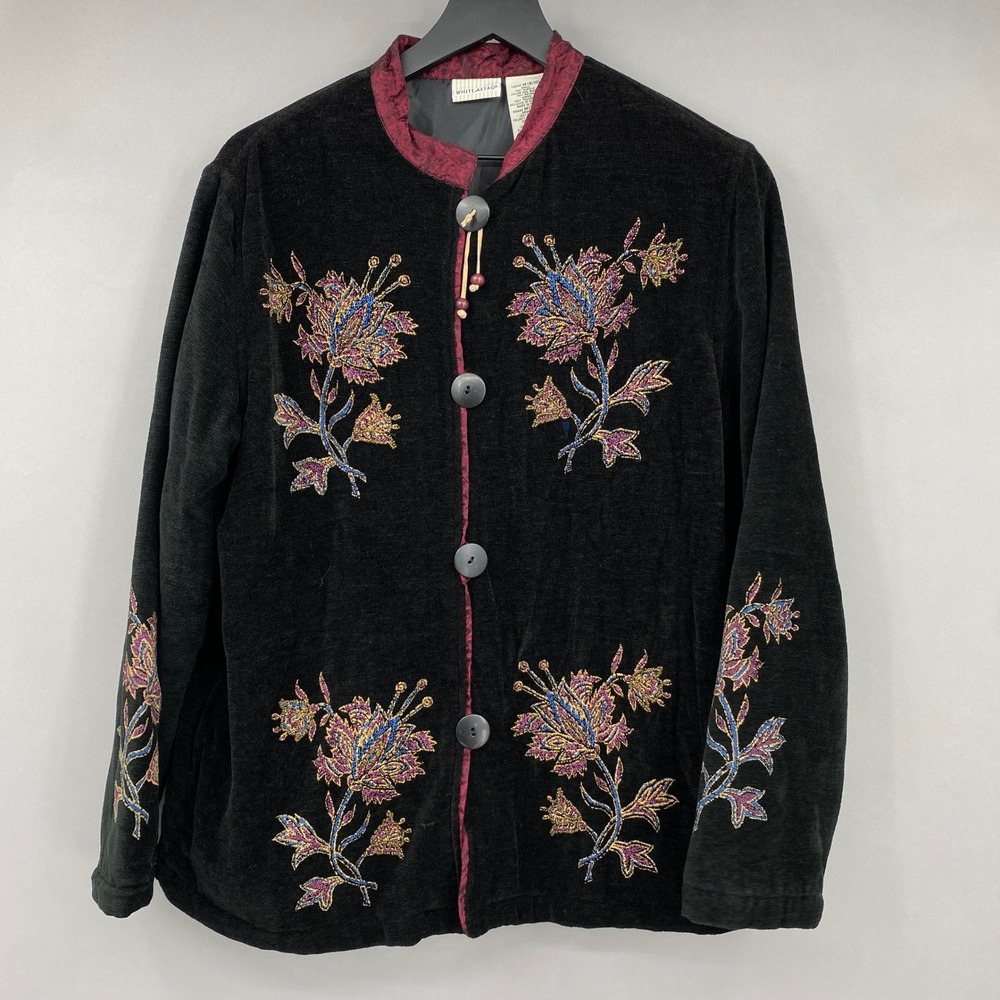 Y2K White Stag Embroidered Chenille Completer Jacket Womens M Black Floral Boho